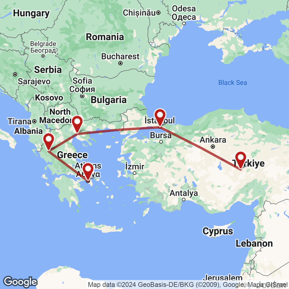 Route for Athens, Ioannina, Thessaloniki, Istanbul, Cappadocia tour